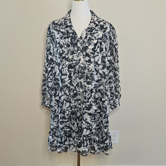 Misa Los Angeles Mita Black & White Lurex Mini Shirt Dress – Tiered Ruffle Hem - Picture 2 of 10